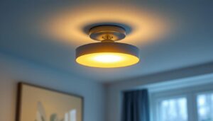 A photograph of a stylish lumens flush mount light fixture installed in a modern interior setting