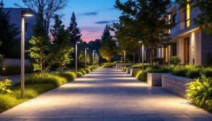 A photograph of a well-lit outdoor area featuring various styles of outdoor lighting fixtures in use