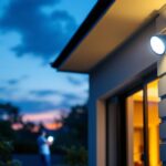 A photograph of a lighting contractor installing led exterior spot lights on a residential property