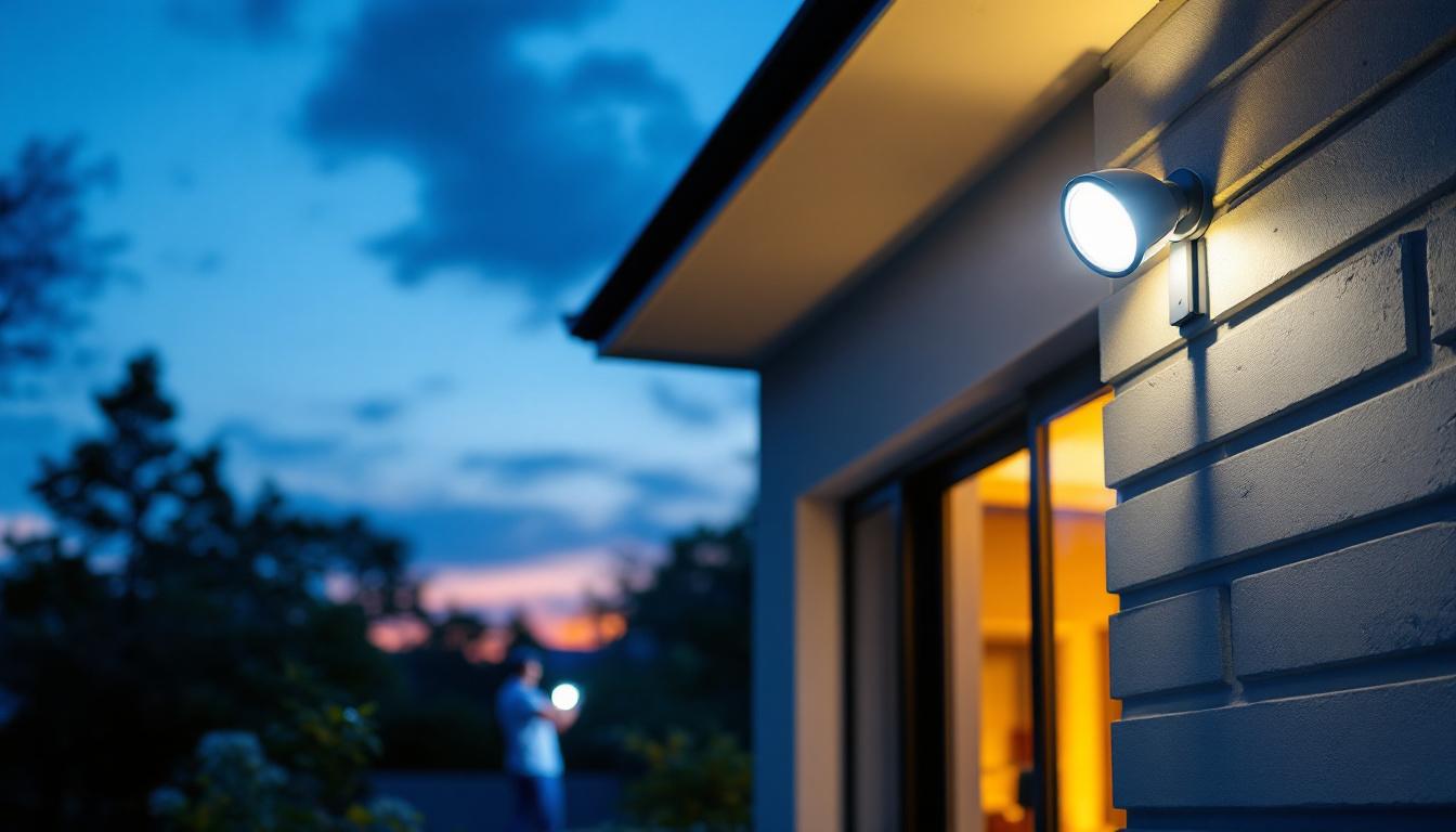 A photograph of a lighting contractor installing led exterior spot lights on a residential property