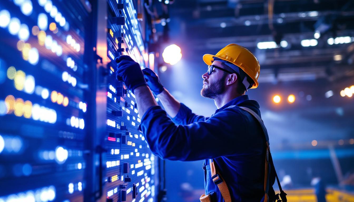 A photograph of a lighting contractor in action