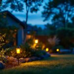 A photograph of a beautifully illuminated outdoor landscape featuring 120-volt lighting fixtures
