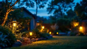 A photograph of a beautifully illuminated outdoor landscape featuring 120-volt lighting fixtures