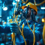 A photograph of a lighting contractor skillfully installing or showcasing various types of lighting cords in a dynamic work environment