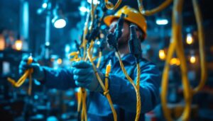 A photograph of a lighting contractor skillfully installing or showcasing various types of lighting cords in a dynamic work environment