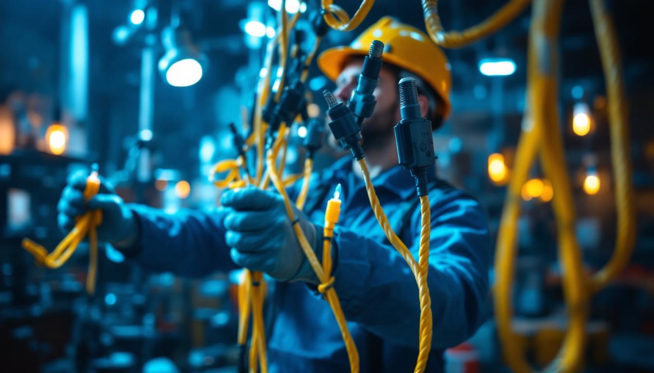 A photograph of a lighting contractor skillfully installing or showcasing various types of lighting cords in a dynamic work environment