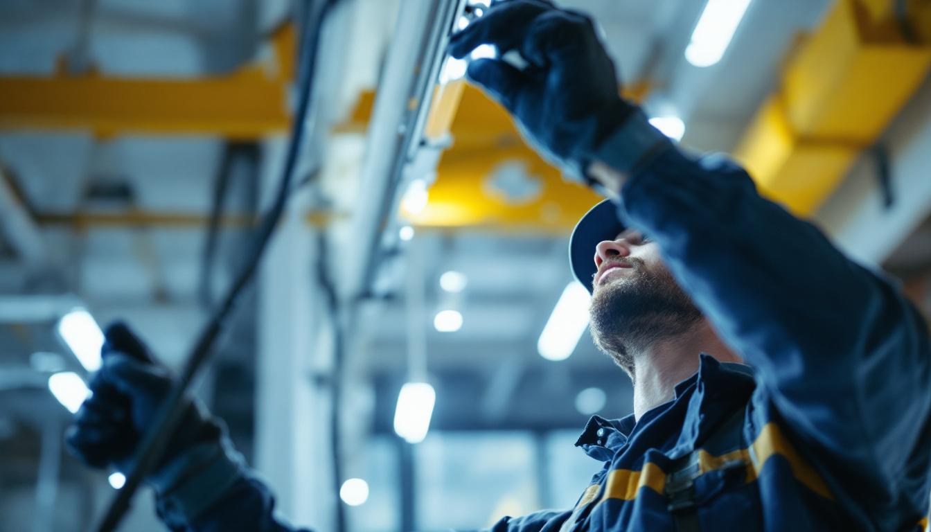 A photograph of capture a photograph of a skilled lighting contractor expertly installing or adjusting track lighting in a modern urban setting