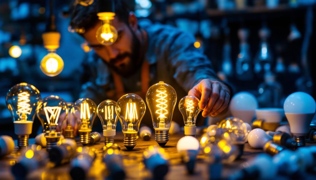 A photograph of a well-organized display of various types of led light bulbs