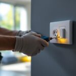 A photograph of a skilled lighting contractor installing a modern light switch and outlet in a stylish home setting