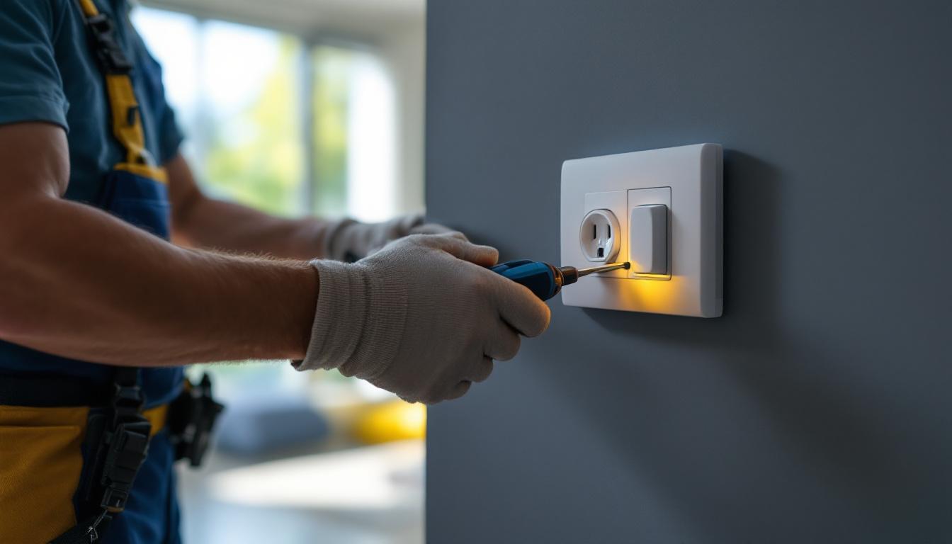 A photograph of a skilled lighting contractor installing a modern light switch and outlet in a stylish home setting