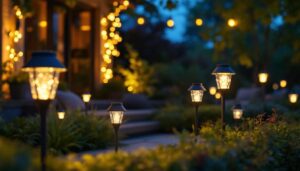 A photograph of a well-lit outdoor space showcasing various solar lights in use