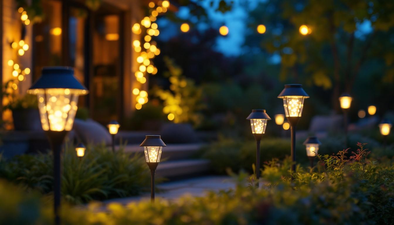 A photograph of a well-lit outdoor space showcasing various solar lights in use