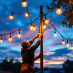 A photograph of a lighting contractor expertly installing string lights on a 12-foot pole in a beautifully landscaped outdoor setting