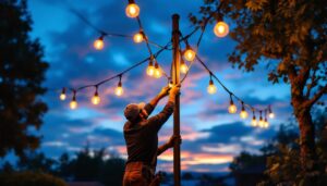A photograph of a lighting contractor expertly installing string lights on a 12-foot pole in a beautifully landscaped outdoor setting