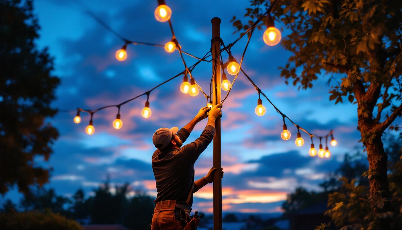 A photograph of a lighting contractor expertly installing string lights on a 12-foot pole in a beautifully landscaped outdoor setting