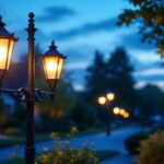 A photograph of a beautifully illuminated outdoor lamp post in a charming neighborhood setting