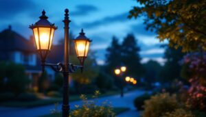 A photograph of a beautifully illuminated outdoor lamp post in a charming neighborhood setting