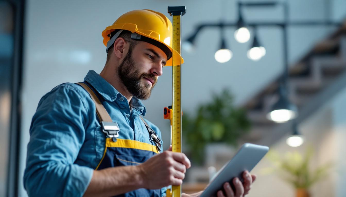 A photograph of a lighting contractor measuring the distance and placement of can lights in a stylishly designed room