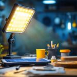 A photograph of a well-lit workspace featuring a solar-powered shop light illuminating tools and materials