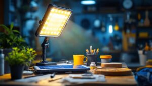 A photograph of a well-lit workspace featuring a solar-powered shop light illuminating tools and materials