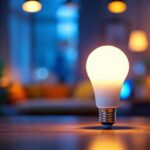 A photograph of a close-up shot of a 120v 5w bulb illuminated in a modern