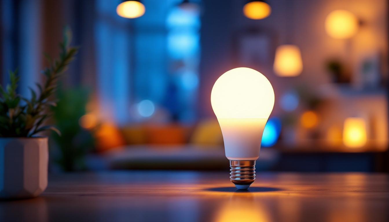 A photograph of a close-up shot of a 120v 5w bulb illuminated in a modern