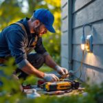 A photograph of a lighting contractor installing an outdoor electrical socket cover in a residential setting