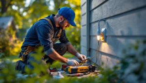 A photograph of a lighting contractor installing an outdoor electrical socket cover in a residential setting