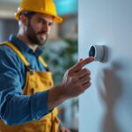 A photograph of a lighting contractor installing a nest movement sensor in a modern home setting