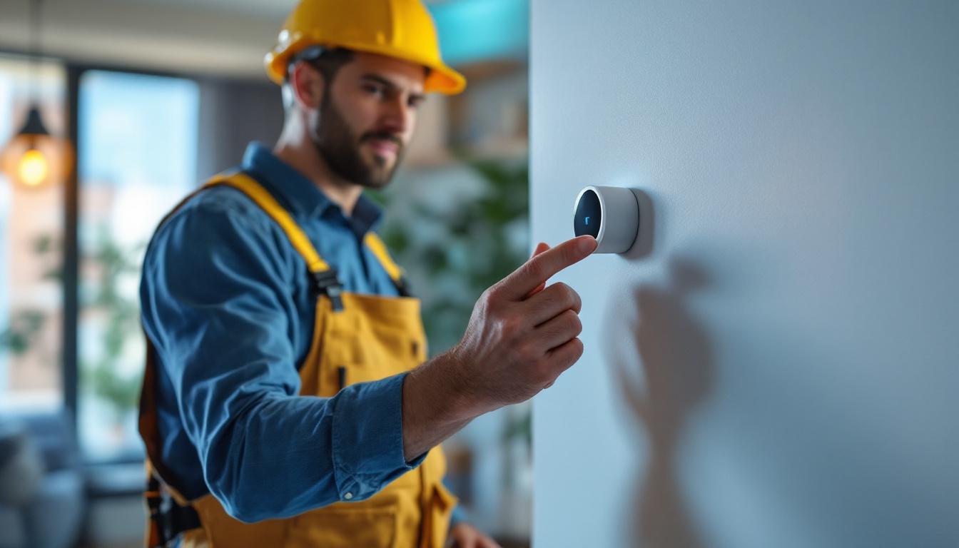A photograph of a lighting contractor installing a nest movement sensor in a modern home setting