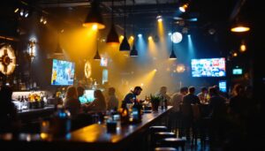 A photograph of a bustling bar environment showcasing various lighting setups