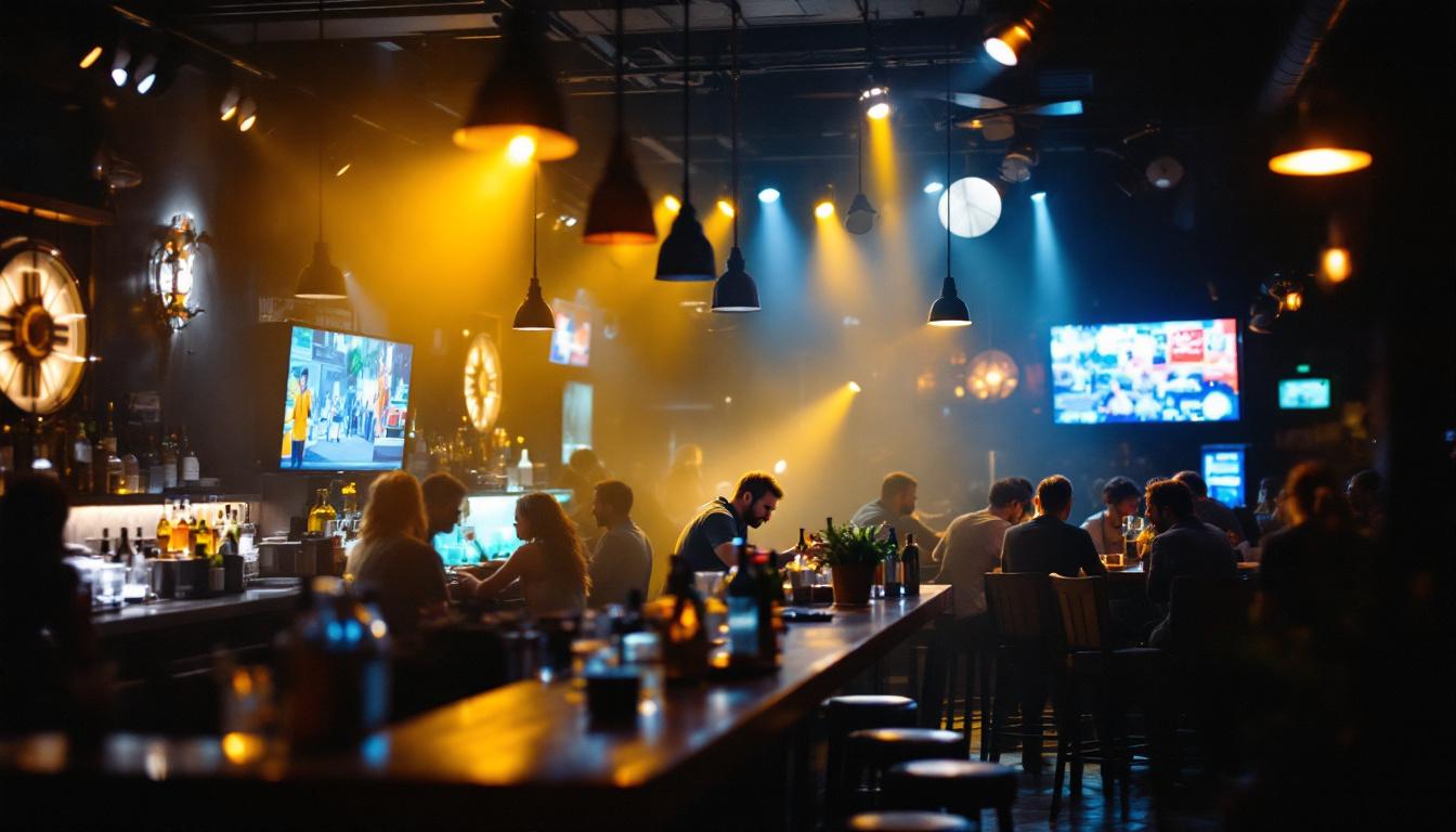 A photograph of a bustling bar environment showcasing various lighting setups