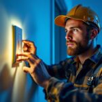 A photograph of a skilled lighting contractor installing a stylish light switch outlet cover in a modern home setting