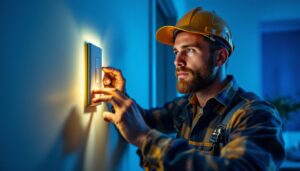 A photograph of a skilled lighting contractor installing a stylish light switch outlet cover in a modern home setting