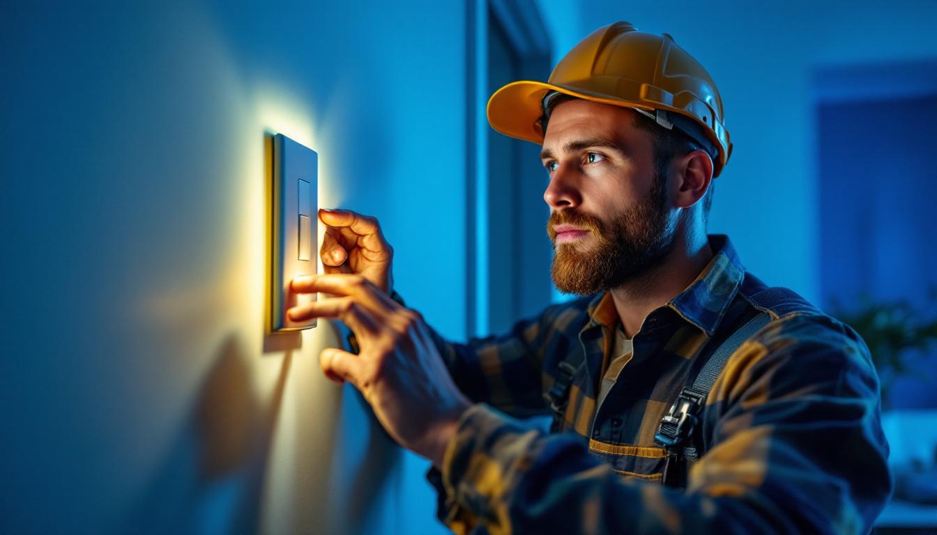 A photograph of a skilled lighting contractor installing a stylish light switch outlet cover in a modern home setting