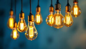 A photograph of a beautifully styled setting featuring a variety of vintage-looking light bulbs