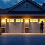 A photograph of a well-lit garage exterior at dusk