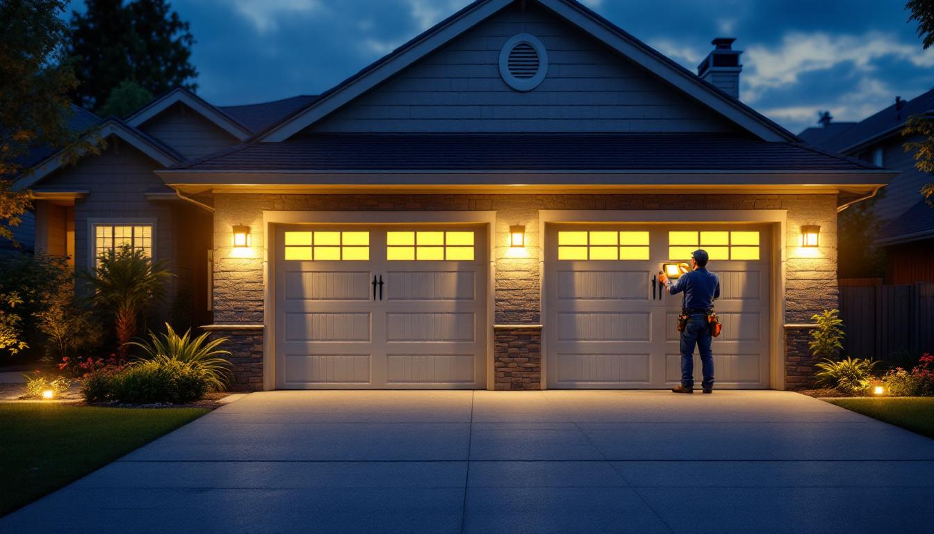 A photograph of a well-lit garage exterior at dusk