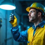 A photograph of a lighting contractor inspecting led lights in a commercial setting