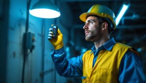 A photograph of a lighting contractor inspecting led lights in a commercial setting