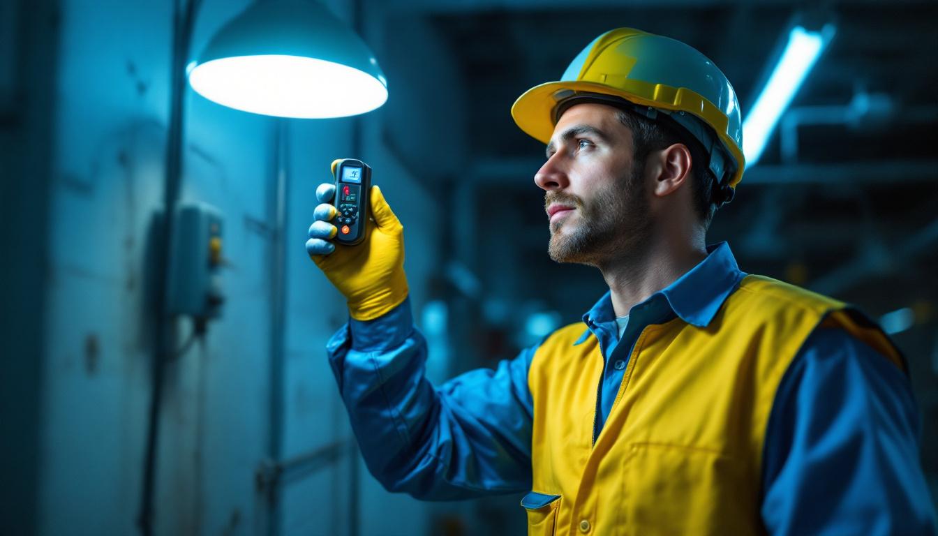 A photograph of a lighting contractor inspecting led lights in a commercial setting