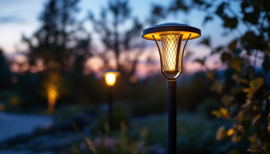 A photograph of a beautifully designed metal solar light installed in a landscaped outdoor setting at dusk