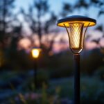 A photograph of a beautifully designed metal solar light installed in a landscaped outdoor setting at dusk