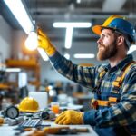 A photograph of a skilled lighting contractor installing a fluorescent bulb in a modern