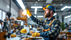 A photograph of a skilled lighting contractor installing a fluorescent bulb in a modern
