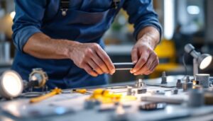 A photograph of a skilled lighting contractor assembling or demonstrating an exit kit in a well-lit space