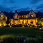 A photograph of a beautifully illuminated residential landscape at dusk