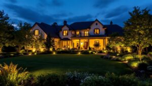 A photograph of a beautifully illuminated residential landscape at dusk