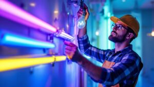 A photograph of a lighting contractor skillfully installing or showcasing a variety of colored fluorescent bulbs in a well-lit environment