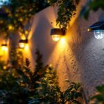 A photograph of a beautifully illuminated outdoor space featuring wall-mounted solar lights